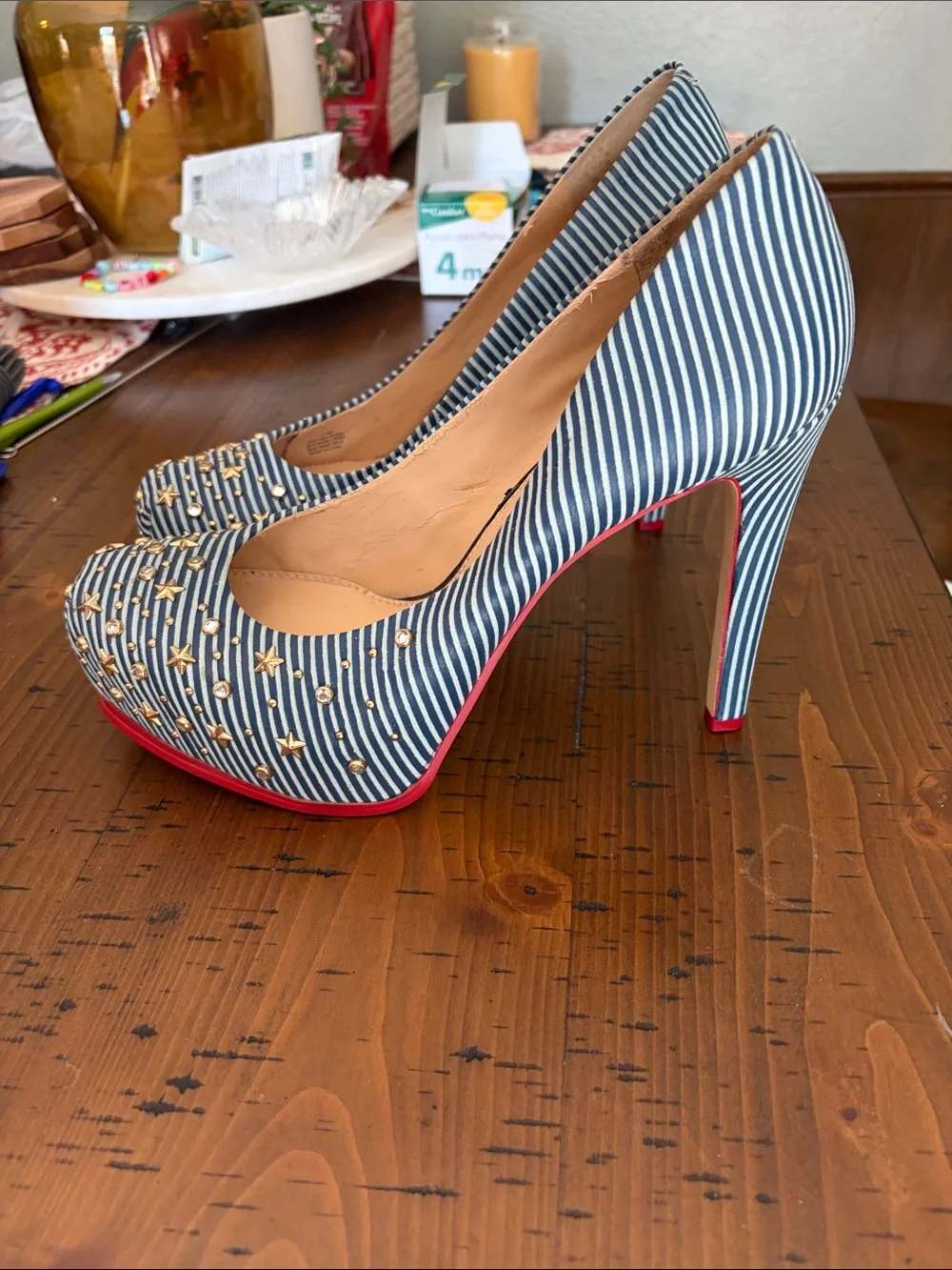Gianni Bini Blue and White Striped Studded Pointed-Toe Pumps